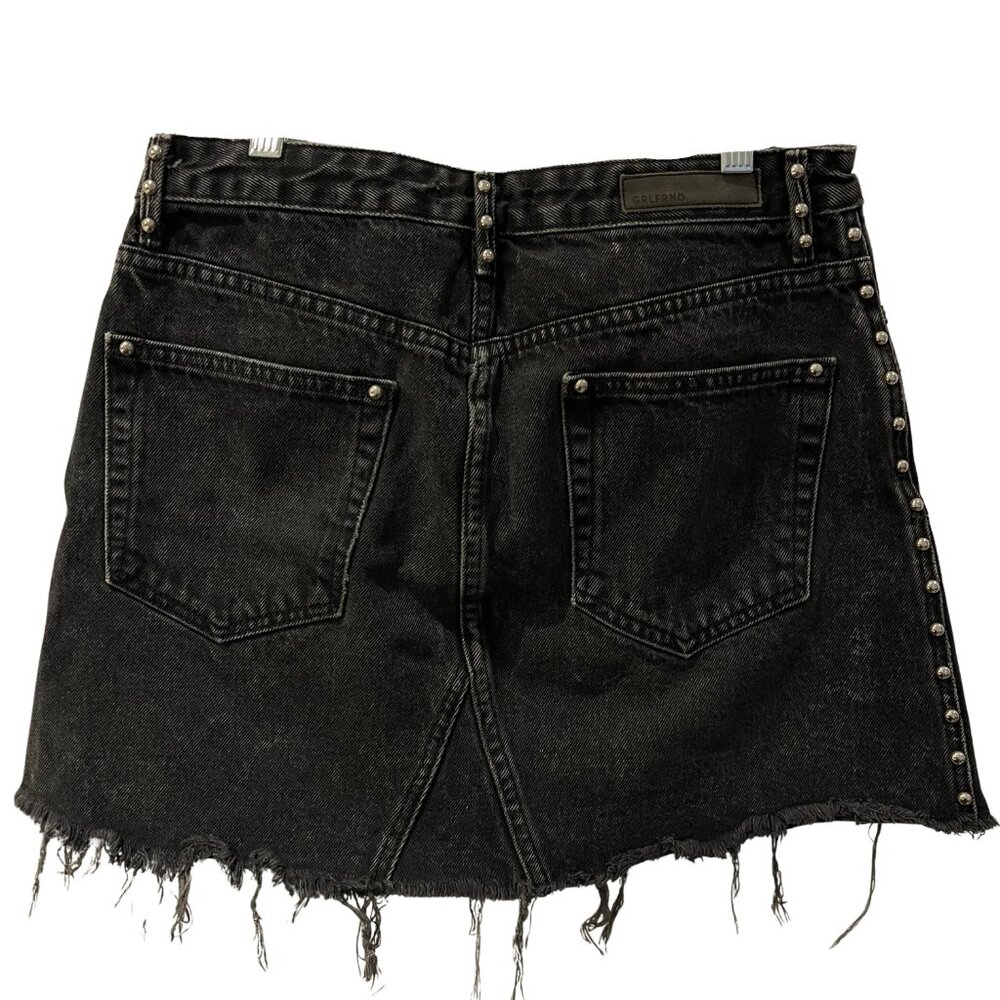 GRLFRND EVA STUDDED AND GUSSET A-FRAME BLACK DENIM MINI SKIRT, RAW EDGE, SIZE 29 - Picture 4 of 13